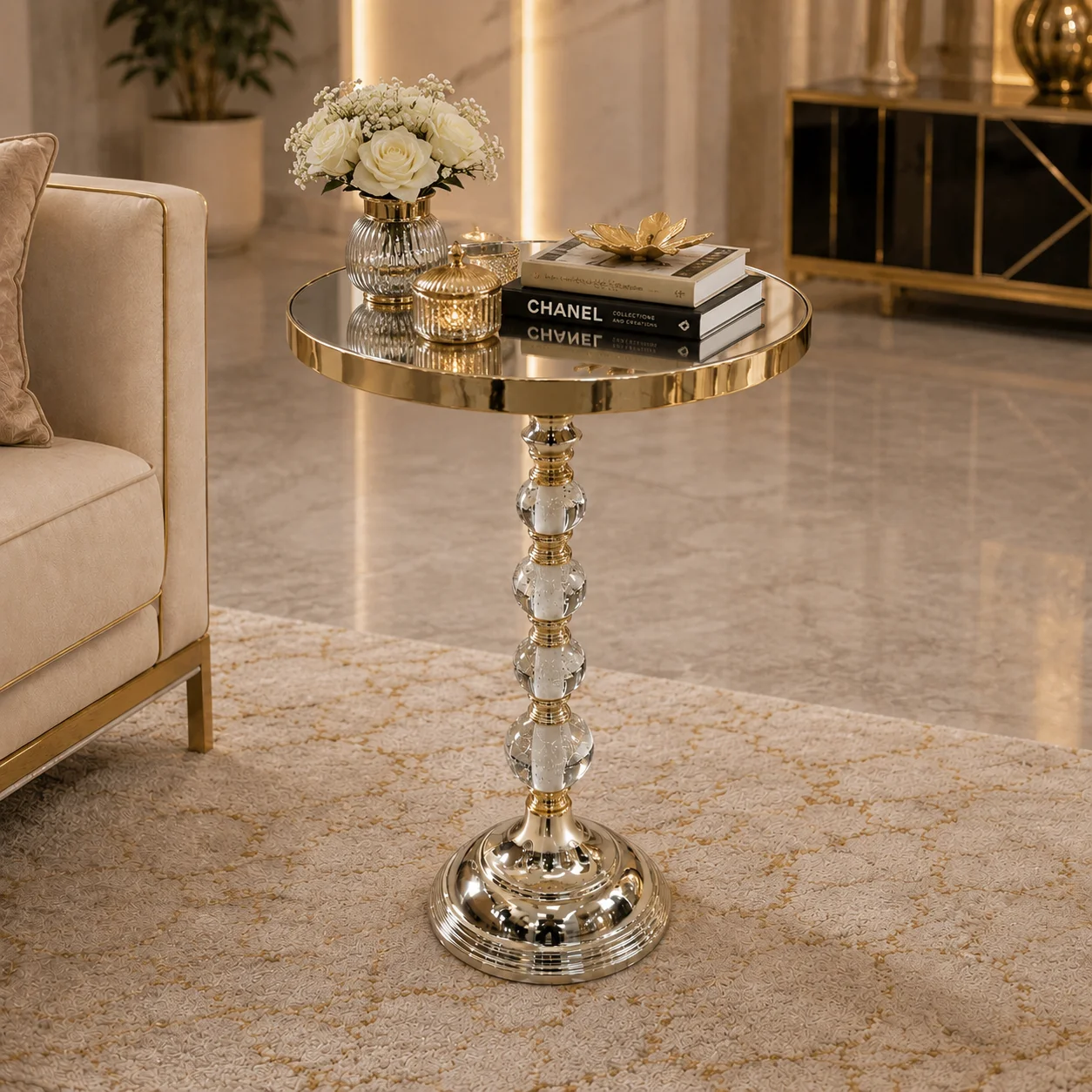 Round Gold End Table with Stacked Crystal Stem | Accent