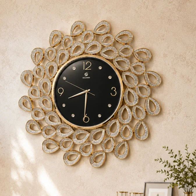 Modern Gold Wall Clock with Crystals for Living Room