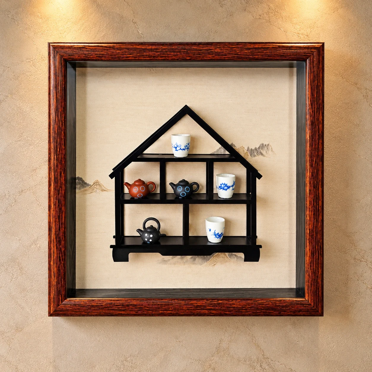 3D Chinese Tea Set Wooden Shadow Box Wall Decor