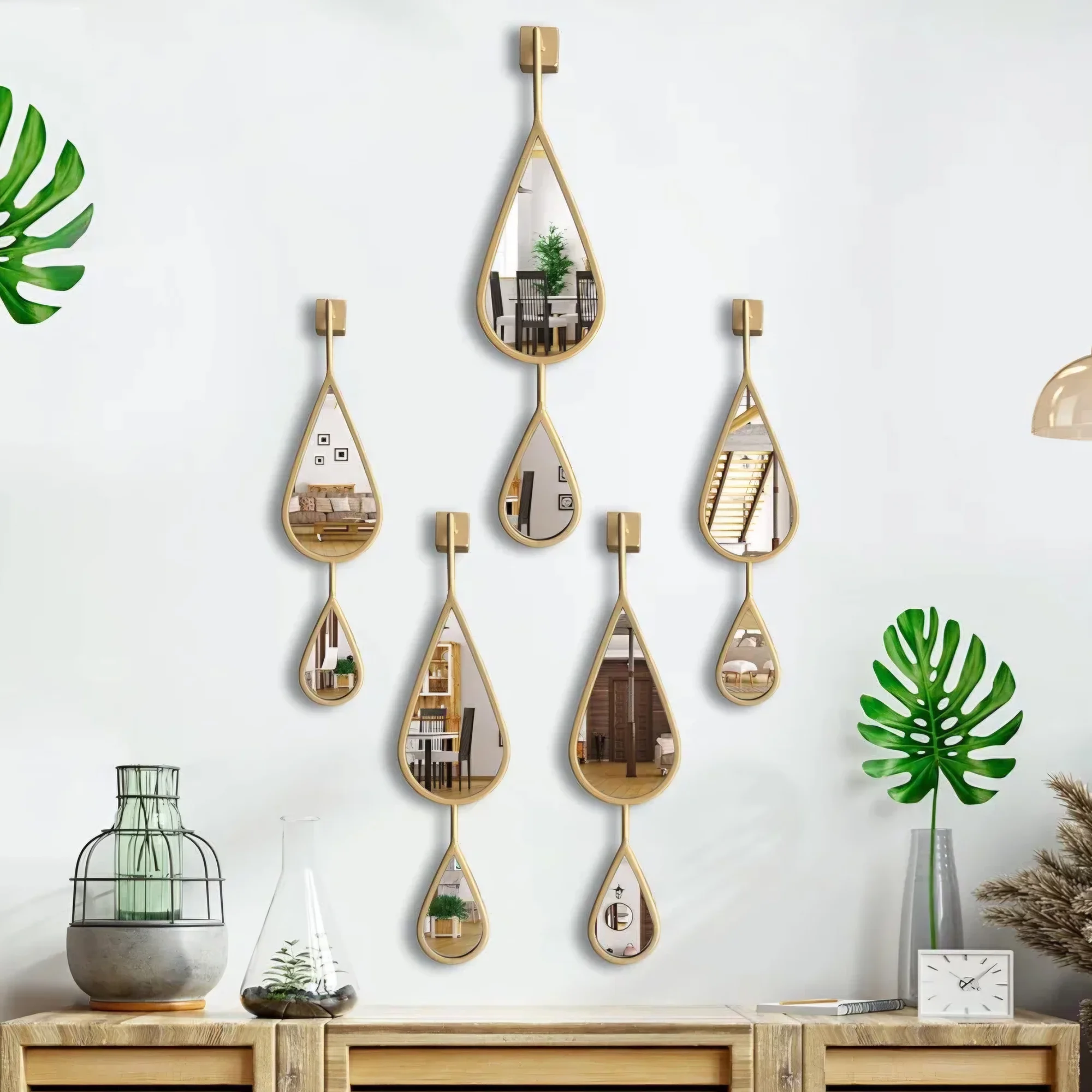 5 Pcs Teardrop Mirror Wall Decor Set Gold Finish
