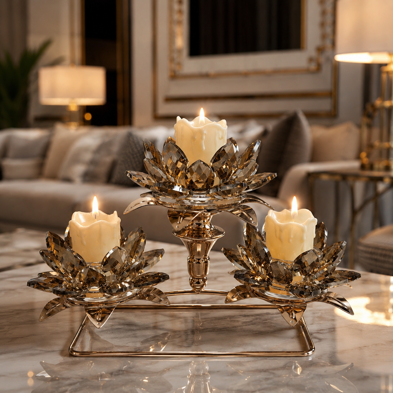 Luxury Crystal Lotus Candle Holder for Dining & Living Room