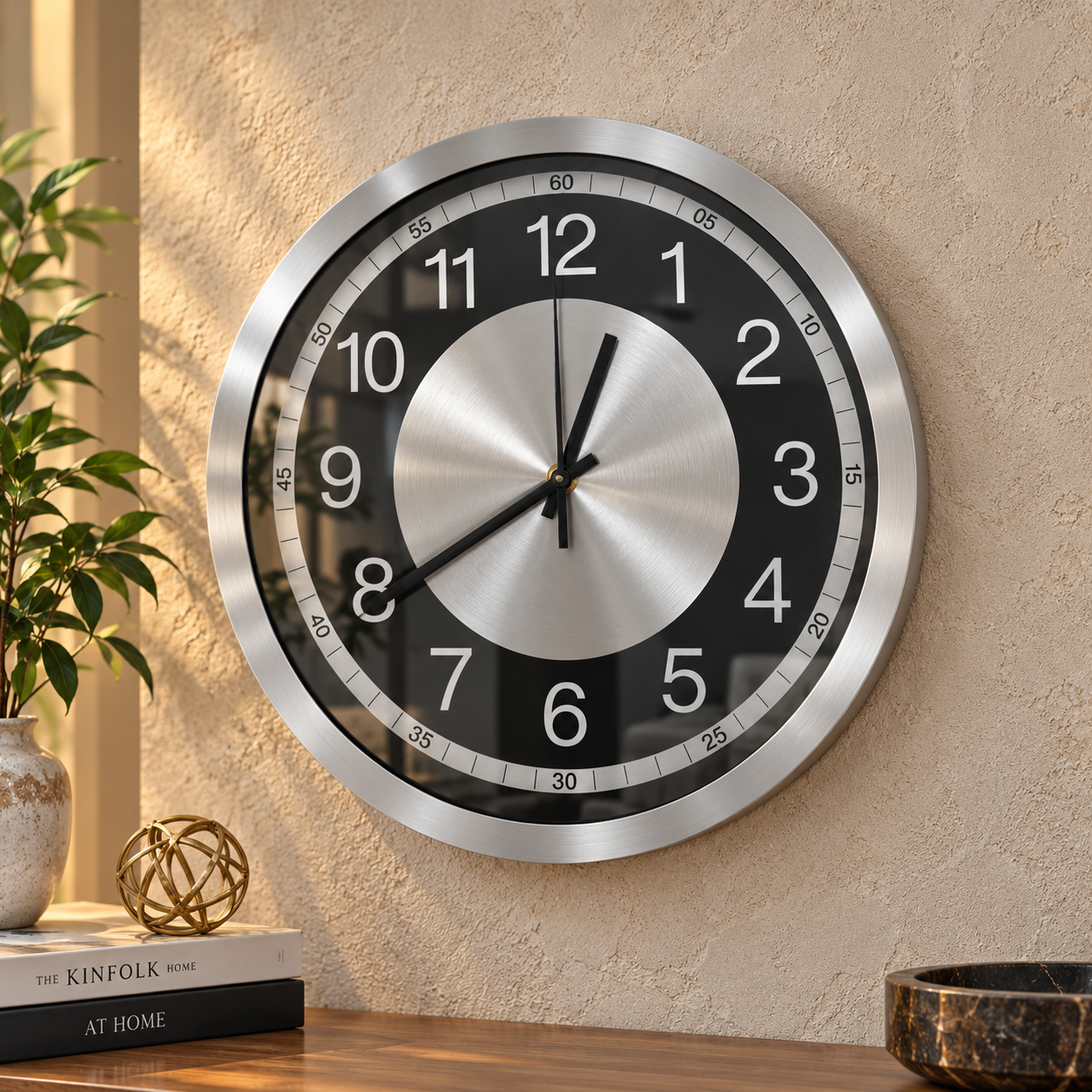 Modern Compact Metal Wall Clock - Silver & Blue