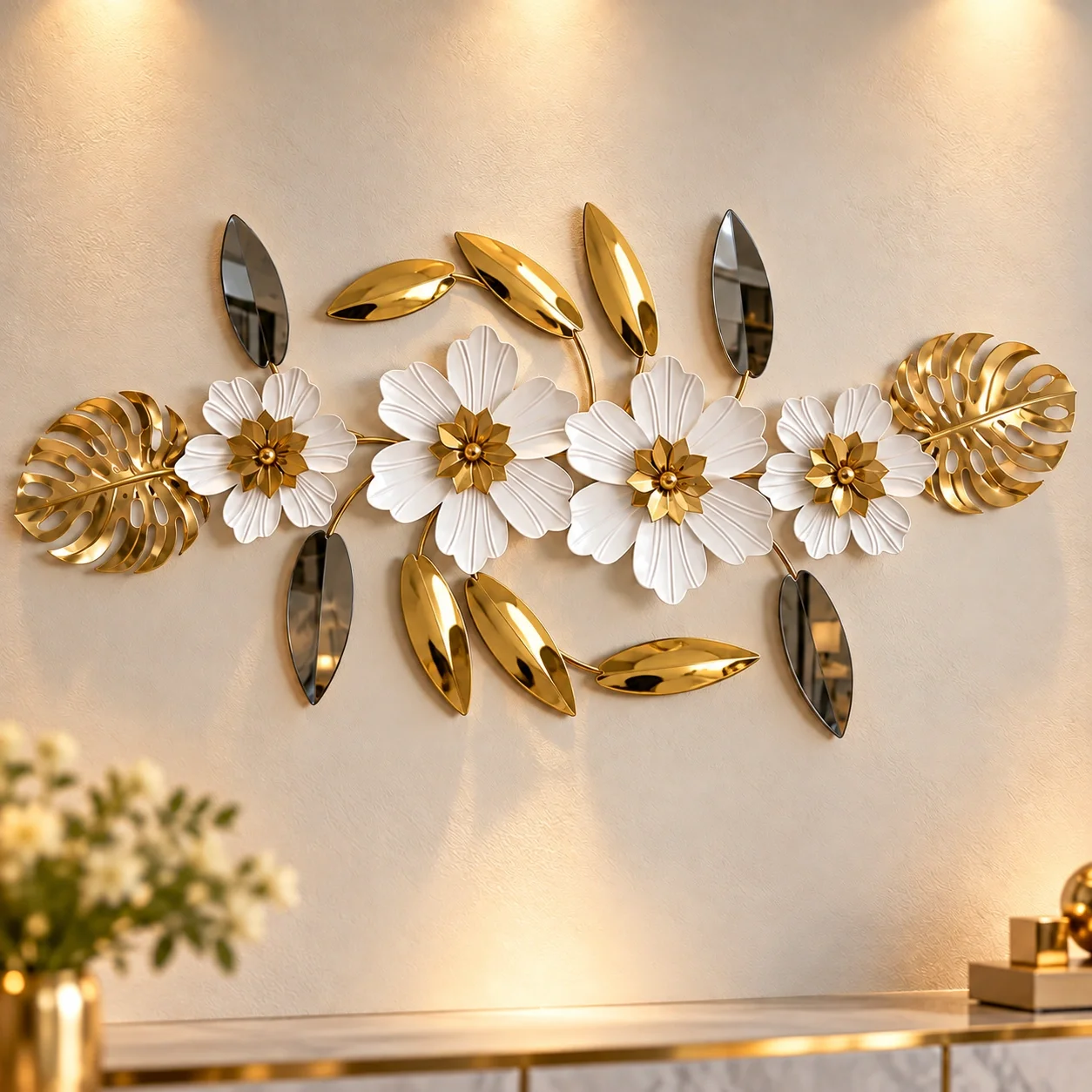 Luxury White Flower & Gold Leaf Metal Wall Art Decor