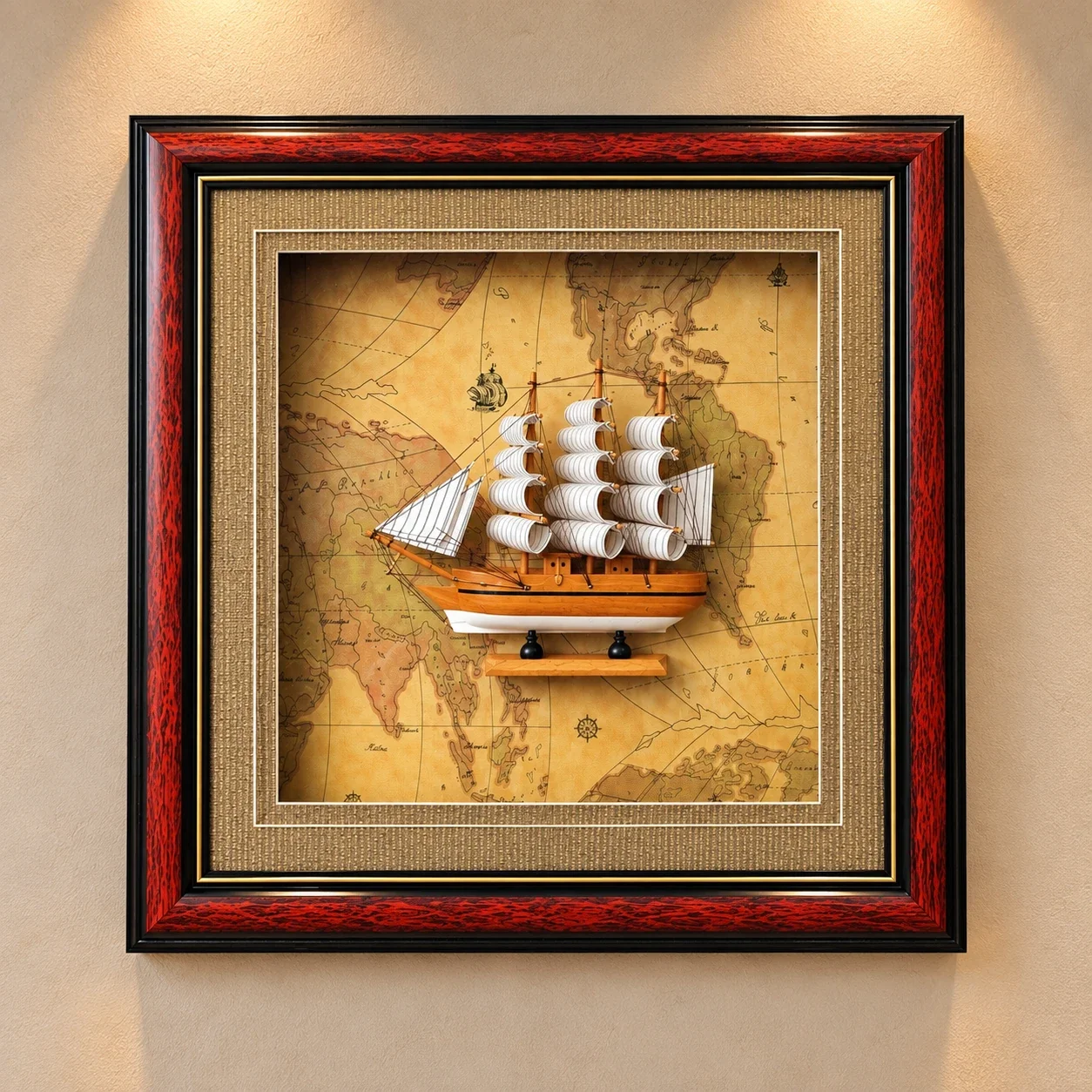 Handcrafted 3D Wooden Ship & Map Shadow Box Wall Art