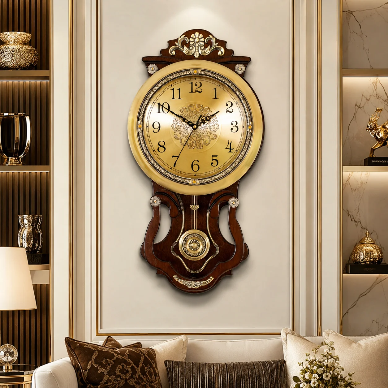 Designer Antique Pendulum Wall Clock in Rich Wood Finish