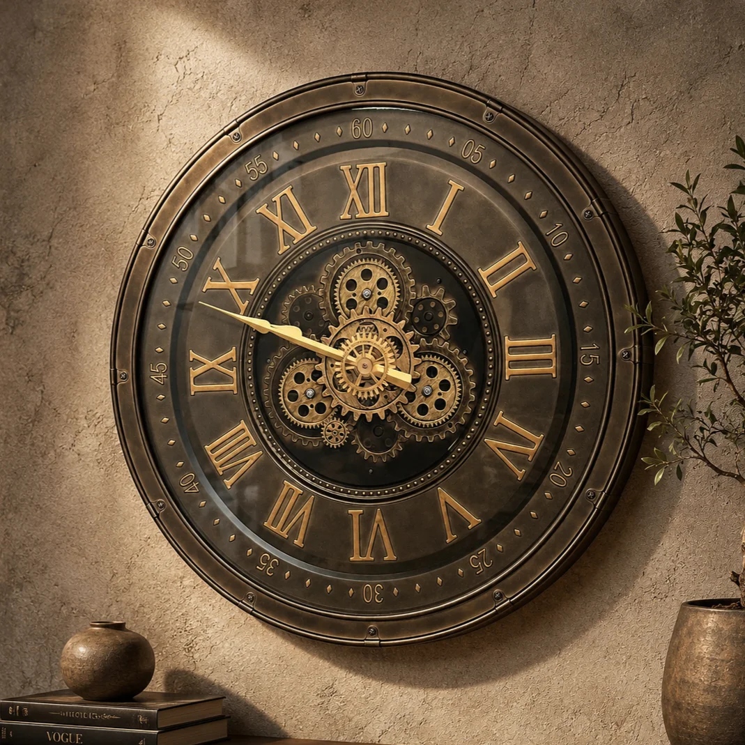 Industrial Moving Gear Wall Clock | Bronze Metal Timepiece
