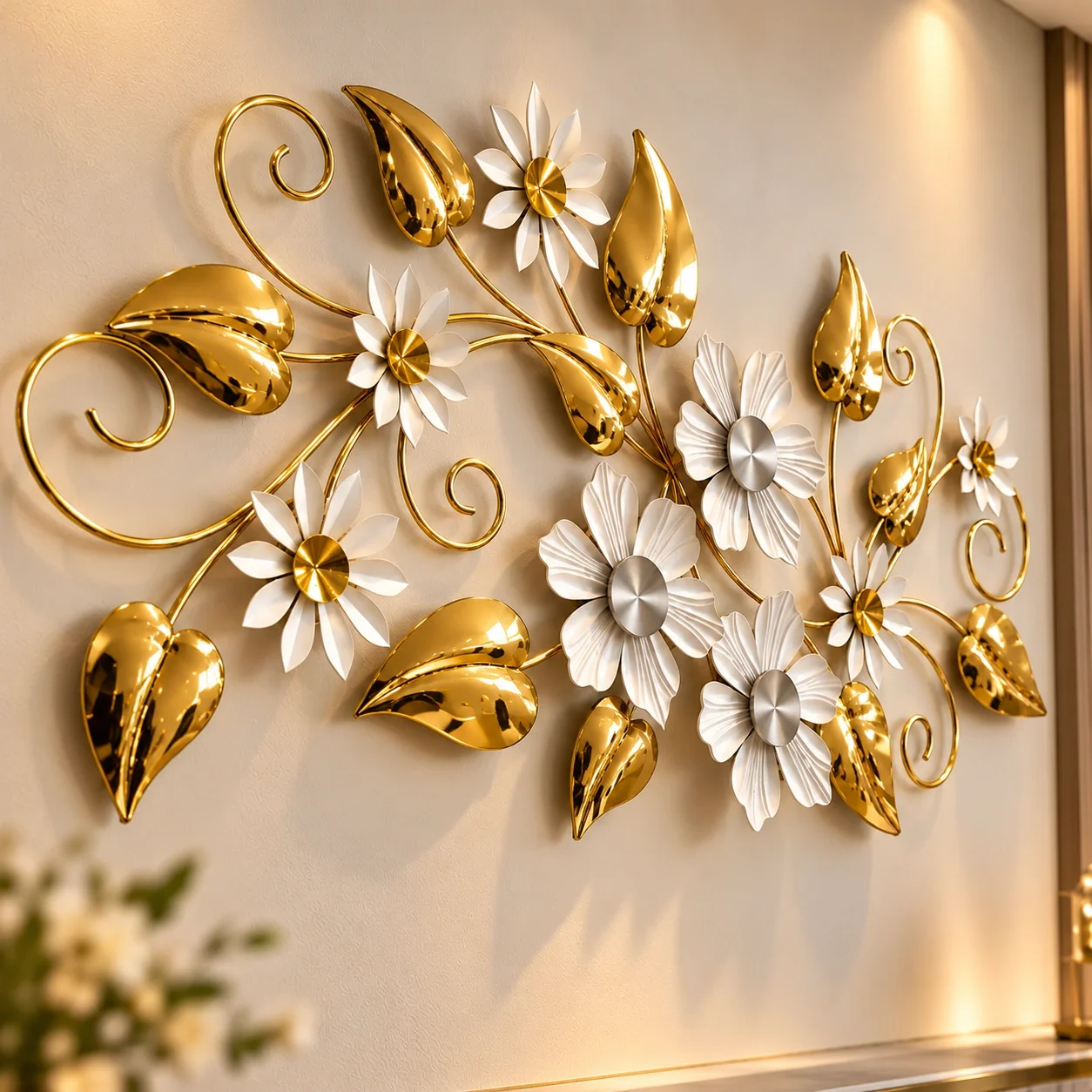 Botanical Metal Wall Art | Gold Flowers & Green Leaves