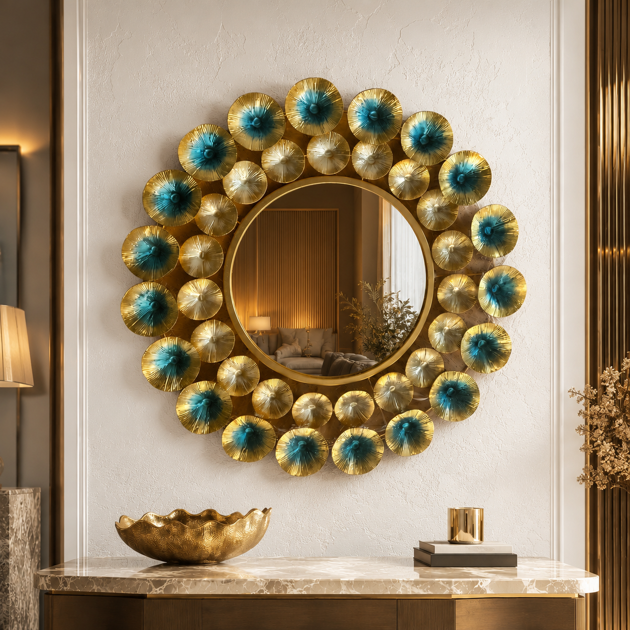 Modern Metal Sunburst Wall Mirror | Gold & Blue