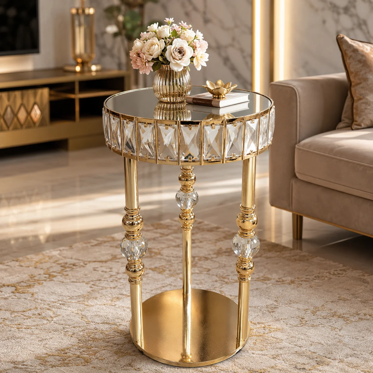Gold Crystal Pedestal Side Table for Sofa | Accent Decor