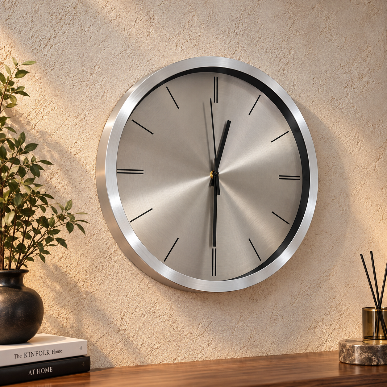 Minimalist Silver Wall Clock | Compact Metal Round Clock
