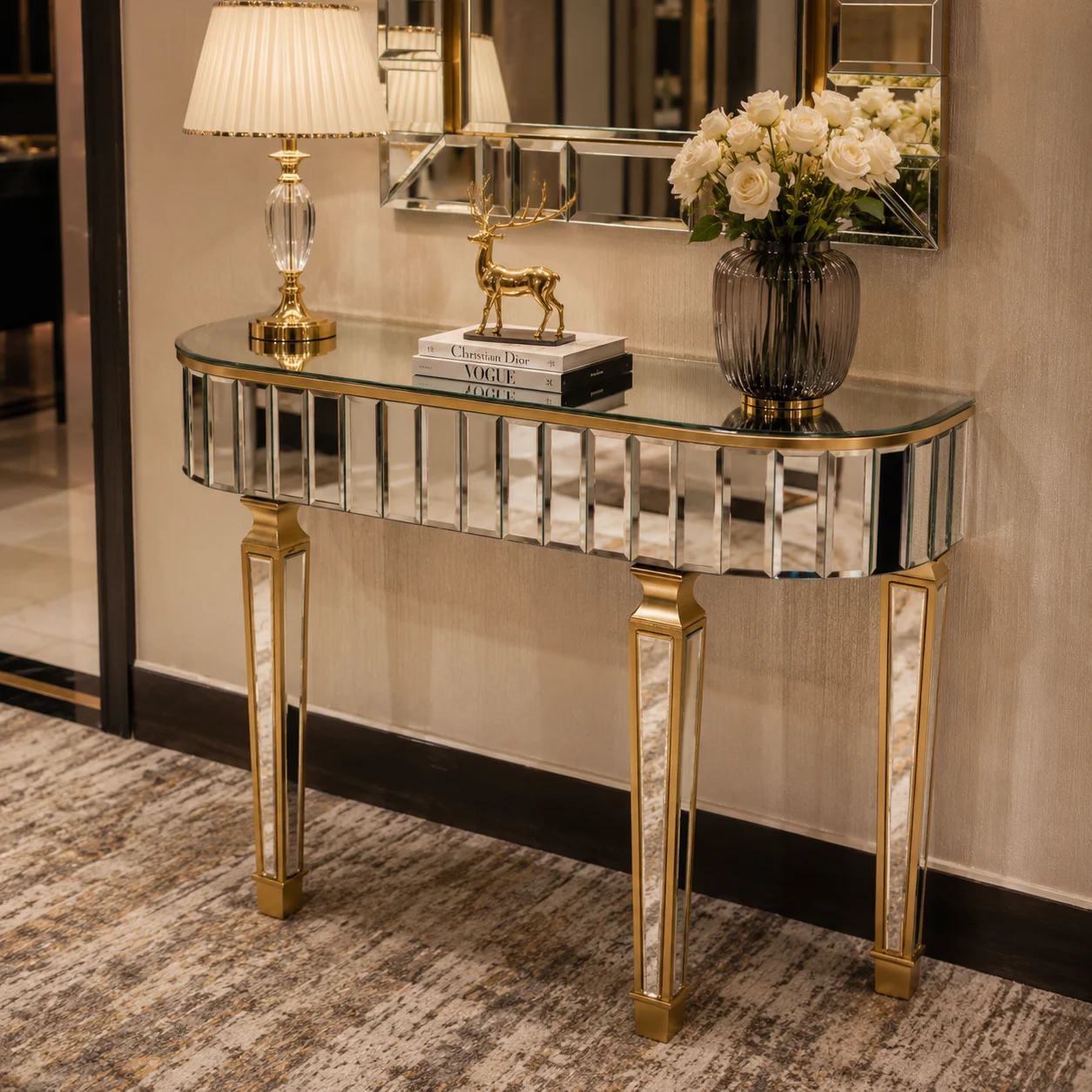 Modern Luxury Mirrored Console Table | Gold Accent Desk