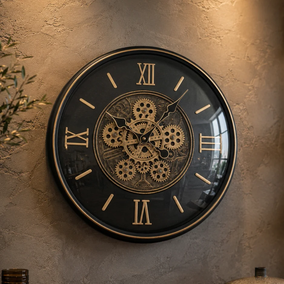 Moving Gear Wall Clock with Roman Numerals | Black Frame