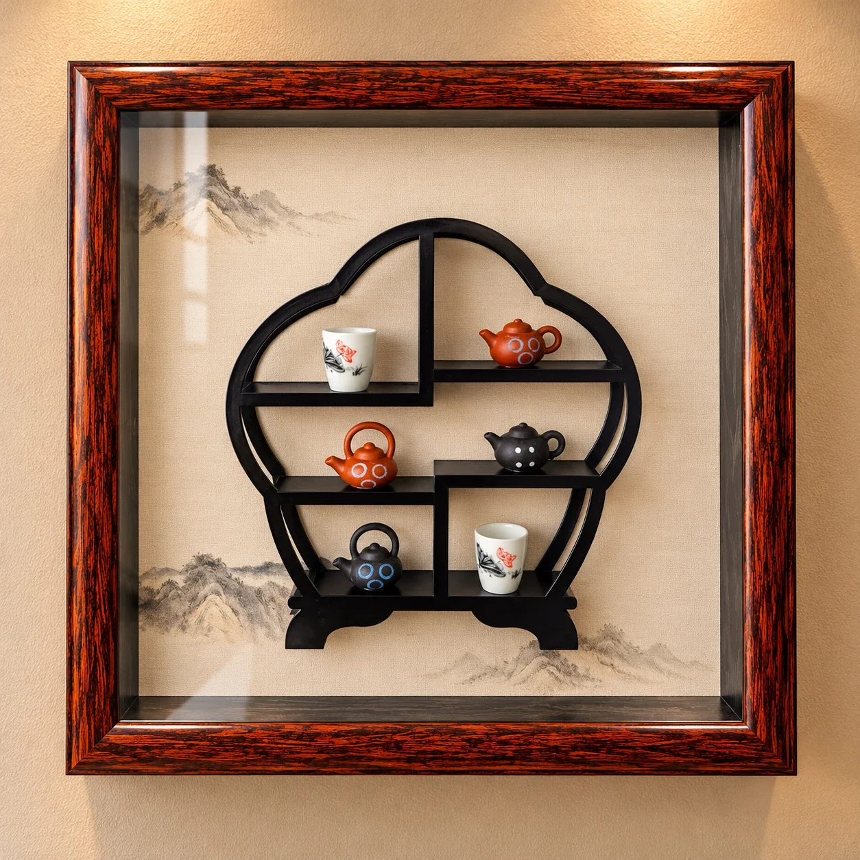 Vintage Chinese Teapot & Cup Shadow Box Framed Decor