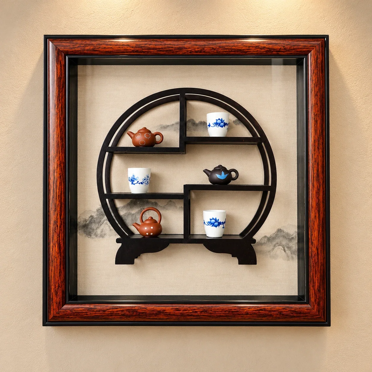 Circular Wooden Tea Set Shadow Box Frame Wall Sculpture