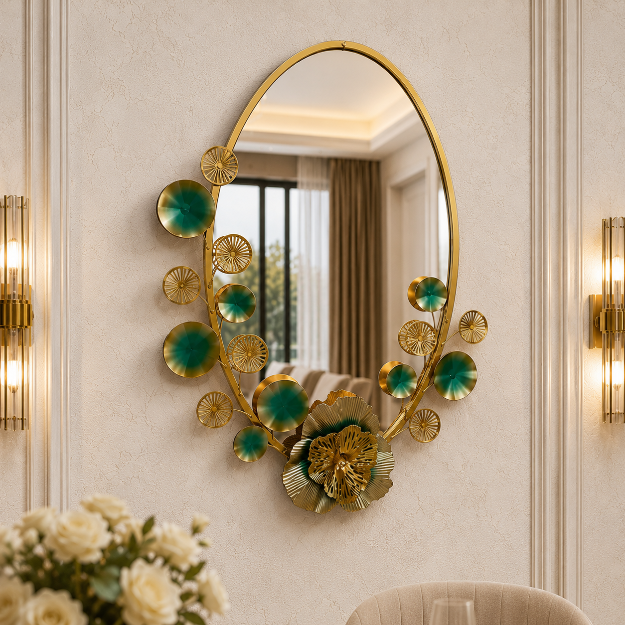 Modern Gold Oval Metal Wall Mirror | Teal Accents