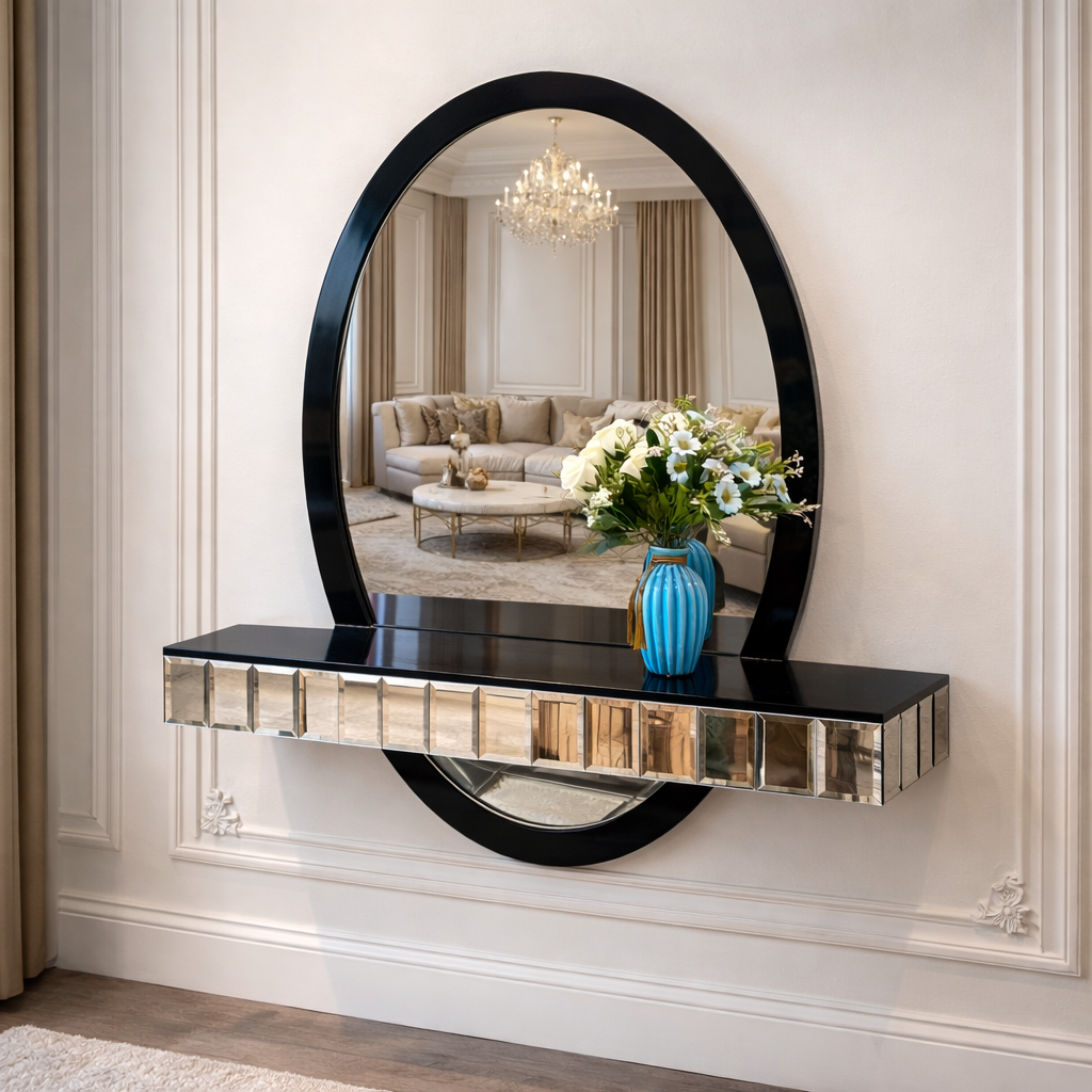 Elegant Oval Entryway Mirror with Mirrored Wall Shelf