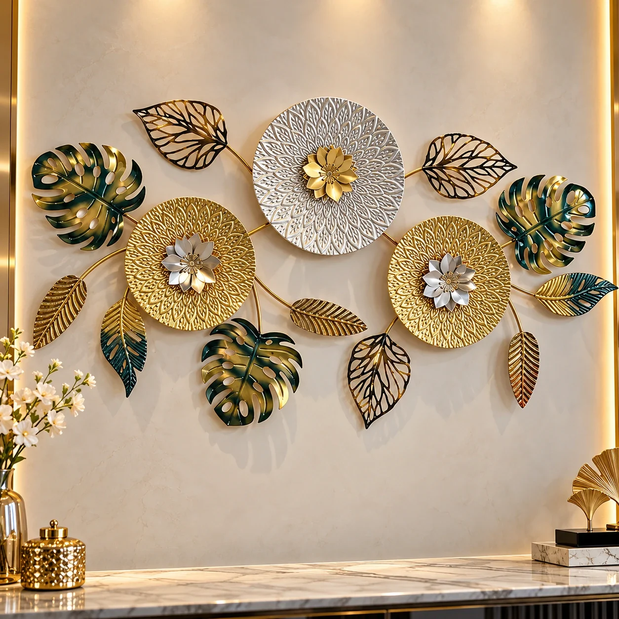 Luxury Metal Flower & Monstera Leaf Wall Art Sculptures