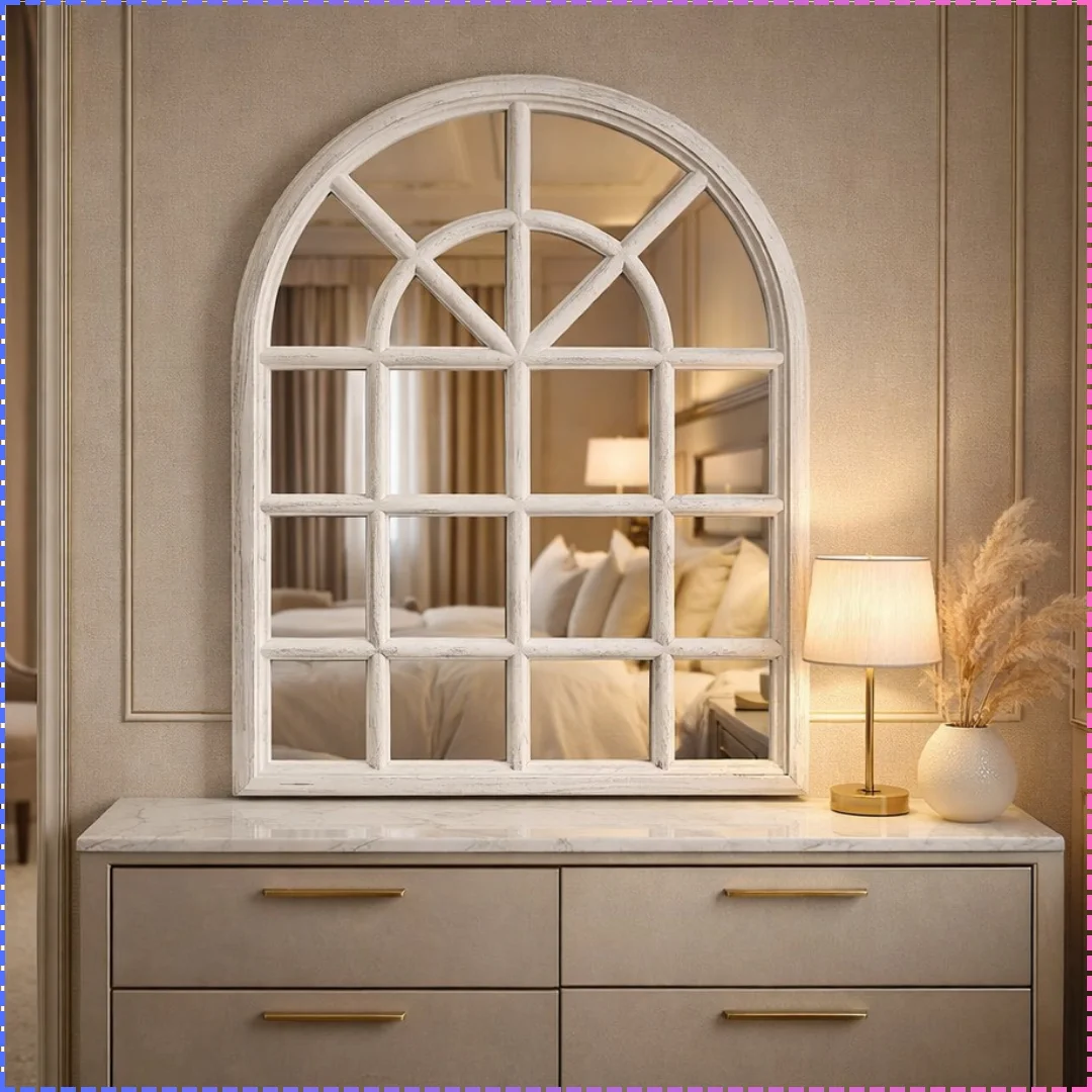Vintage White Arch Window Frame Decorative Mirror